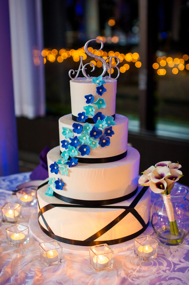 Wedding-Cake-Blue-Purple-Flowers-Villanova-Conference-Center