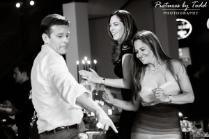 black and white photography mitzvah guests dancing